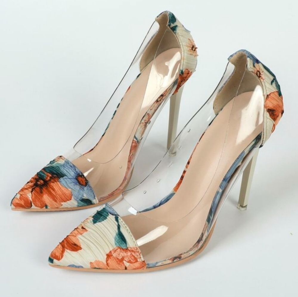 Shein Women Floral Print Point Toe Stiletto Heeled Court Pumps, Fashionable Colo